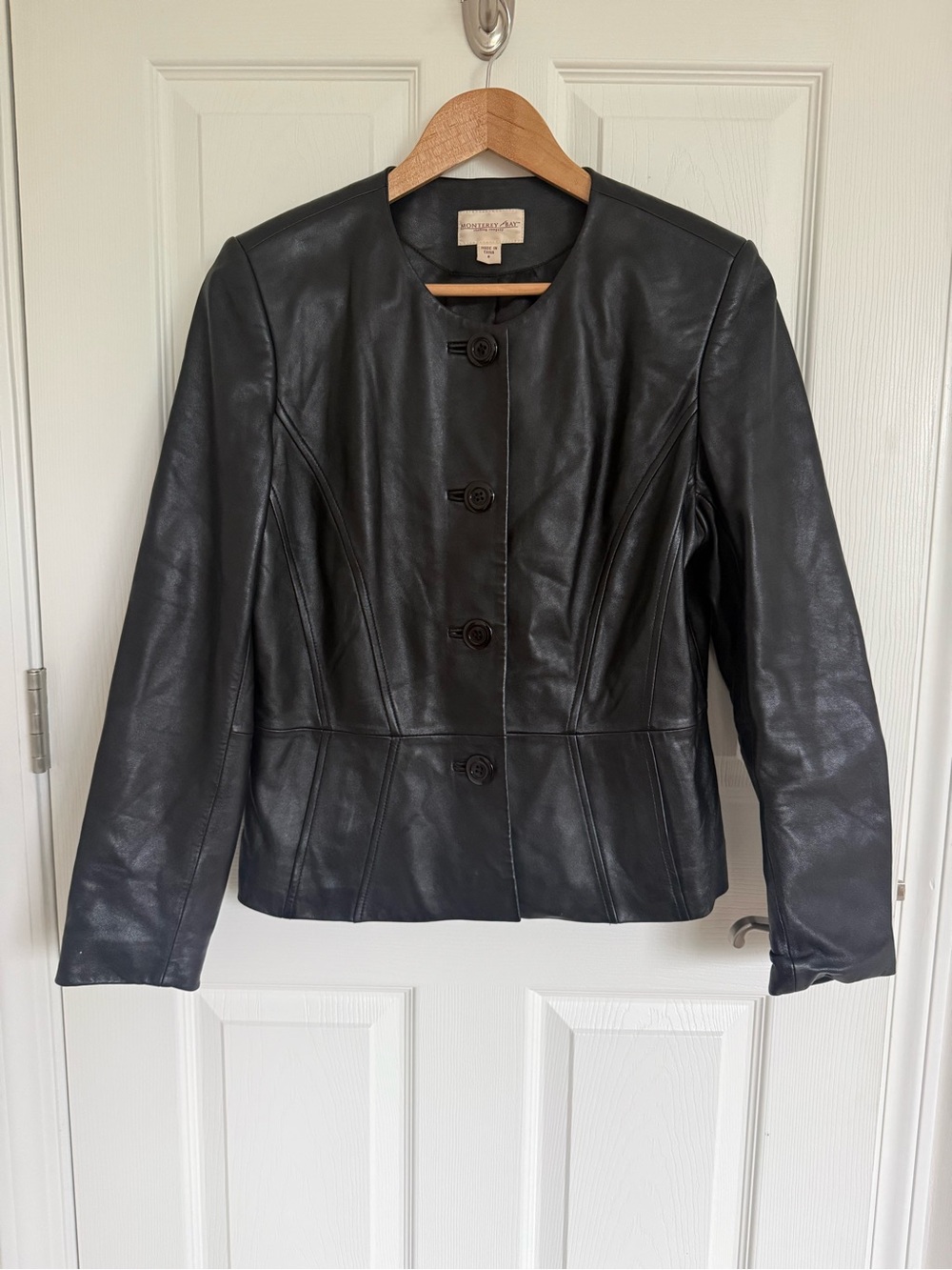 Vintage Monterey Bay Black Leather Jacket Collarless Peplum Size 8